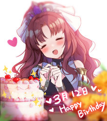 Rule 34 | 1girl, akino (princess connect!), bad id, bad pixiv id, birthday, birthday cake, blurry, brown hair, cake, closed eyes, depth of field, detached sleeves, flower, food, fork, gem, head tilt, heart, highres, picter, princess connect!, simple background, solo, star (symbol), table, tiara, utensil, white background