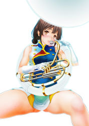 Rule 34 | 10s, 1girl, band uniform, black hair, blush, buttons, double-breasted, enshinryoku (ticktack), gloves, hibike! euphonium, highres, instrument, invisible chair, long hair, looking at viewer, miniskirt, nagase riko, open mouth, orange eyes, simple background, sitting, skirt, solo, sousaphone, spread legs, sweat, thighs, tuba, uniform, white background, white gloves
