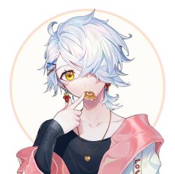 Rule 34 | 1other, absurdres, androgynous, black shirt, earrings, forever 7th capital, hair ornament, hairclip, head tilt, heart, heart necklace, highres, jacket, jewelry, long sleeves, looking at viewer, lumeru 33, mouth hold, necklace, off shoulder, shirt, solo, upper body, white hair, x hair ornament, yellow eyes