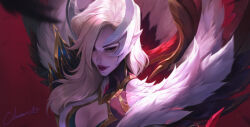 Rule 34 | 1girl, artist name, blonde hair, breasts, citemer, claws, cleavage, cleavage cutout, close-up, clothing cutout, coven morgana, feathered wings, feathers, fur trim, hair over one eye, highres, large breasts, league of legends, long hair, looking at viewer, makeup, morgana (league of legends), official alternate costume, official alternate hairstyle, pale skin, pointy ears, red eyes, signature, solo, upper body, wings, yellow eyes