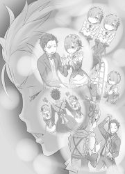 Rule 34 | 10s, 1boy, 2girls, detached sleeves, expressionless, closed eyes, greyscale, hair ornament, hair over one eye, hairband, hand on own hip, laughing, lolita hairband, maid, monochrome, multiple girls, natsuki subaru, official art, one eye closed, ootsuka shin&#039;ichirou, open mouth, parted lips, puffy detached sleeves, puffy sleeves, ram (re:zero), re:zero kara hajimeru isekai seikatsu, rem (re:zero), short hair, siblings, sisters, smirk, sweatdrop, tears, twins
