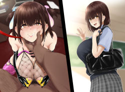 Rule 34 | 1boy, 1girl, bag, bar censor, before and after, blush, breasts, brown eyes, brown hair, censored, checkered clothes, checkered skirt, collar, collared shirt, comic, condom, condom hair ornament, covered erect nipples, cum, cum in mouth, dark-skinned male, dark skin, drooling, fishnets, gloves, hair between eyes, heart, heart-shaped pupils, hetero, highres, indoors, instant loss, interracial, large breasts, leash, looking at viewer, male pubic hair, netorare, paizuri, paizuri under clothes, pasties, penis, pov, pubic hair, revealing clothes, saliva, school uniform, shirt, sitting, skirt, snot, solo focus, star pasties, stray pubic hair, symbol-shaped pupils, thighhighs, used condom, viewer holding leash, zerogura