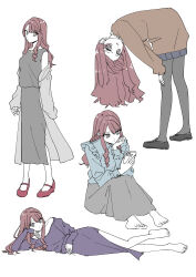 Rule 34 | barefoot, black footwear, black pantyhose, blue shirt, blue skirt, breasts, brown eyes, brown hair, brown sweater, cellphone, closed mouth, commentary request, dress, earrings, full body, grey background, grey jacket, grey skirt, highres, holding, holding phone, jacket, jewelry, loafers, long hair, long sleeves, looking at viewer, lying, medium breasts, multiple views, necklace, off shoulder, open mouth, original, pantyhose, phone, pleated skirt, purple dress, sakashima 0822, school uniform, shirt, shoes, sidelocks, simple background, skirt, sleeveless, sleeveless dress, smartphone, sweater