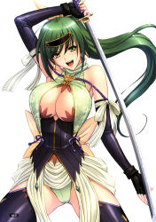 Rule 34 | 1girl, arm up, armpits, bare shoulders, bow, breasts, cleavage, earrings, elbow gloves, fingerless gloves, gloves, green eyes, green hair, hair bow, highres, holding, holding sword, holding weapon, jewelry, katana, large breasts, long hair, looking at viewer, magaki ryouta, open mouth, original, page number, ponytail, scan, simple background, sleeveless, smile, solo, sword, thighhighs, weapon, white background