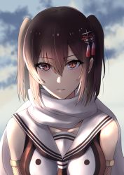 Rule 34 | 1girl, bad id, bad pixiv id, brown hair, cloud, cloudy sky, collarbone, detached sleeves, fishnets, hair between eyes, hair ornament, itsuwa (continue), kantai collection, looking at viewer, outdoors, parted lips, red eyes, sailor collar, scarf, sendai (kancolle), shirt, short hair, sky, sleeveless, sleeveless shirt, slit pupils, solo, twintails, two side up, upper body, white scarf