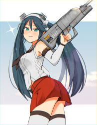Rule 34 | 1girl, annin musou, bad id, bad twitter id, blue eyes, blue hair, blush, brown neckerchief, closed mouth, cowboy shot, detached sleeves, hair between eyes, isuzu (kancolle), kantai collection, long hair, machinery, neckerchief, pleated skirt, red skirt, school uniform, serafuku, skirt, smile, solo, thighhighs, twintails, white thighhighs