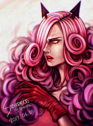 Rule 34 | 1girl, artist name, charlotte galette, curly hair, dated, demon horns, fur trim, gloves, hair over eyes, horns, lipstick, long hair, makeup, one piece, open mouth, orange eyes, pink hair, portrait, solo, starpiece, teeth