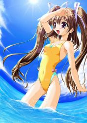 Rule 34 | 1990s (style), 1girl, aizawa tomomi, beach, blush, bow, breasts, casual one-piece swimsuit, cloud, day, covered erect nipples, fisheye, flat chest, hair ribbon, lens flare, long hair, navel, ocean, one-piece swimsuit, outdoors, pia carrot (series), pia carrot e youkoso!!, purple eyes, ribbon, shading eyes, sky, small breasts, smile, solo, sun, swimsuit, twintails, very long hair, wading, water, wet
