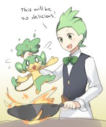 Rule 34 | 10s, 1boy, bad food, bow, bowtie, chef, cilan (pokemon), commentary, cooking, creature as food, creatures (company), english text, fire, flambe, frying pan, game freak, gen 5 pokemon, green eyes, green hair, male focus, nintendo, open mouth, pansage, pokemon, pokemon (creature), pokemon bw, short hair, smile, tears, traditional bowtie, vest, weee (raemz)