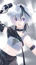 Rule 34 | 1girl, arm warmers, armband, belt collar, black hair, black sleeves, cable, collar, commentary, crop top, earrings, emu (marico w), flower (vocaloid), flower (vocaloid4), highres, holding, holding microphone, jewelry, microphone, microphone stand, midriff, multicolored hair, purple eyes, see-through, see-through skirt, single arm warmer, skirt, solo, streaked hair, upper body, vocaloid, white hair