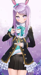 Rule 34 | 1girl, animal ears, armband, black jacket, black skirt, blue bow, blue ribbon, blush, bow, closed mouth, commentary request, cup, ear ribbon, flower, frilled jacket, frilled sleeves, frills, highres, holding, holding cup, holding saucer, jacket, kubong, long hair, looking at viewer, mejiro mcqueen (umamusume), pleated skirt, purple eyes, purple flower, purple hair, ribbon, saucer, skirt, smile, solo, swept bangs, tea, teacup, umamusume, very long hair