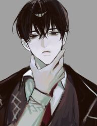 Rule 34 | 1boy, black coat, black eyes, black hair, coat, coat on shoulders, collared shirt, highres, limbus company, long sleeves, male focus, necktie, parted lips, project moon, red necktie, shirt, solo, uyu 1028, white shirt, yi sang (project moon)