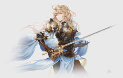 Rule 34 | 1girl, armor, bad id, bad pixiv id, belt, black gloves, blonde hair, blue cape, buckle, cape, chest plate, closed mouth, dow (dow fighting), flask, floating, floating hair, gauntlets, gem, gloves, highres, holding, holding sword, holding weapon, knight, long hair, original, shoulder armor, simple background, smile, solo, sword, upper body, very long hair, weapon, white background, yellow eyes