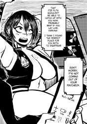 Rule 34 | 1girl, body freckles, breasts, car interior, cellphone, cleavage, commentary, curvy, ear piercing, earrings, english commentary, english text, freckles, gekikara (tomboy-sama), greyscale, highres, holding, holding phone, huge breasts, jewelry, large breasts, monochrome, multiple earrings, navel, open mouth, original, phone, piercing, pov, ryona (tomboy sama), scar, scar on face, short hair, smartphone, speech bubble, surprised, teeth, upper teeth only