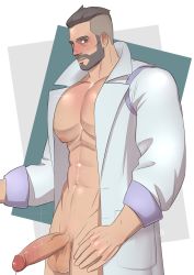 Rule 34 | 1boy, abs, absurdres, bara, bare pectorals, beard, blush, closed mouth, coat, creatures (company), erection, facial hair, game freak, getonjbart, highres, lab coat, large pectorals, looking at viewer, male focus, muscular, muscular male, naked labcoat, navel, nintendo, nipples, nude, open clothes, open coat, pectorals, penis, pokemon, pokemon sv, short hair, simple background, solo, turo (pokemon), undercut