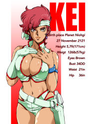 Rule 34 | 1980s (style), 1girl, belt, birthday, breasts, brown eyes, character name, character profile, cleavage, closed mouth, covered erect nipples, cowboy shot, dirty pair, earrings, english text, female focus, gloves, groin, gun, hands on own chest, headband, height, highres, holster, jewelry, kei (dirty pair), kugayama hodai, large breasts, legs, light smile, looking at viewer, measurements, medium hair, navel, oldschool, profile page, red hair, retro artstyle, short shorts, shorts, simple background, single glove, sleeveless, smile, solo, standing, thighs, three sizes, weapon