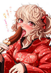Rule 34 | 1girl, alternate costume, blonde hair, blush, bow, chocolate banana, flandre scarlet, floral print, hair bow, happy new year, highres, imizu (nitro unknown), japanese clothes, kimono, licking, md5 mismatch, naughty face, new year, open mouth, phallic symbol, red eyes, revision, saliva, sexually suggestive, side ponytail, simple background, slit pupils, solo, tongue, tongue out, touhou, translation request, upper body, white background