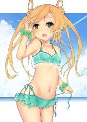 Rule 34 | 10s, 1girl, absurdres, abukuma (kancolle), bad id, bad pixiv id, bare shoulders, bikini, blue bikini, blue eyes, blue sky, blush, breasts, chestnut mouth, cloud, collarbone, cowboy shot, day, double bun, green eyes, hair between eyes, hair rings, highres, holding, holding hair, kantai collection, kyuusetsu, long hair, navel, ocean, open mouth, orange hair, outdoors, scrunchie, side-tie bikini bottom, sky, small breasts, solo, swimsuit, twintails, wet, wet hair, wrist scrunchie