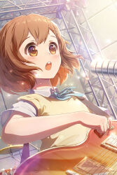 Rule 34 | 1girl, absurdres, blue ribbon, blush, brown eyes, brown hair, chinese commentary, commentary, drum, electric guitar, guitar, hair between eyes, hair ornament, hairclip, highres, hirasawa yui, holding, holding plectrum, instrument, k-on!, looking away, music, neck ribbon, open mouth, playing instrument, plectrum, ribbon, shirt, short hair, short sleeves, solo, teeth, upper body, upper teeth only, vest, wh (user zrmr8753), white shirt, yellow vest