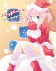 Rule 34 | 1girl, bad id, bad pixiv id, bell, blue eyes, blush, boots, christmas, covering own mouth, hair bell, hair ornament, hat, kneehighs, komone ushio, mittens, pink hair, red mittens, santa costume, santa hat, sitting, snowing, socks, solo, twintails, white socks