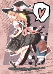 Rule 34 | 1girl, bad id, bad pixiv id, blonde hair, book, bottle, bow, braid, cup, female focus, hat, hat bow, heart, highres, holding, holding book, kirisame marisa, miruto92, outline, plate, single braid, solo, speech bubble, spoken heart, teacup, touhou, witch, witch hat