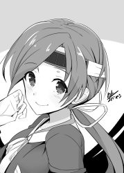 Rule 34 | 10s, 1girl, artist name, cato kobatashi, chitose (kancolle), greyscale, headband, kantai collection, long hair, looking at viewer, low-tied long hair, low ponytail, monochrome, parted bangs, simple background, smile, solo, upper body