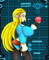 Rule 34 | 1girl, apple, ass, blonde hair, blue shirt, breasts, covered erect nipples, elf, eyebrows, fingerless gloves, food, fruit, gloves, green eyes, hair ornament, hairclip, highres, large breasts, leggings, long hair, looking down, nintendo, pants, pointy ears, princess zelda, shiny clothes, shirt, sideboob, solo, the legend of zelda, the legend of zelda: breath of the wild, zoey kazuya