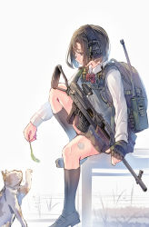 Rule 34 | 1girl, assault rifle, bag, black hair, black socks, blouse, bow, bowtie, cat, daito, dress, from side, gun, highres, military, original, red bow, red bowtie, rifle, school uniform, shirt, shoes, short hair, sitting, socks, solo, weapon, white background, white shirt