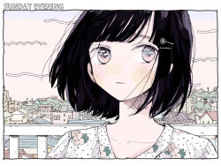 Rule 34 | 1girl, black hair, blush, building, city, cityscape, commentary request, english text, floral print, hair ornament, hairclip, looking at viewer, original, outdoors, pink eyes, portrait, railing, ryuushi, shirt, short hair, solo, tree, white shirt