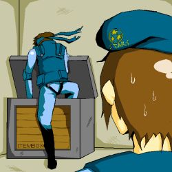 Rule 34 | 1boy, 1girl, artist request, beret, crossover, hat, jill valentine, metal gear (series), metal gear solid, parody, resident evil, solid snake, source request