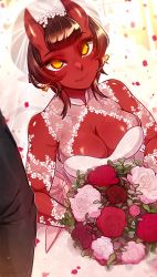 Rule 34 | 1boy, 1girl, alternate hair length, alternate hairstyle, black hair, blunt bangs, blush, body freckles, bouquet, breasts, bridal veil, bride, cleavage, cleavage cutout, clothing cutout, colored skin, commentary, demon girl, dress, earrings, flower, freckles, heart, heart earrings, highres, holding, holding bouquet, horns, jewelry, lace trim, looking at viewer, makeup, mascara, medium breasts, meruccubus (merunyaa), merunyaa, mole, mole under eye, oni, oni horns, original, petals, pointy ears, pov, red horns, red oni, red skin, rose, solo focus, symbol-only commentary, updo, veil, wedding dress, white dress, white flower, white rose, yellow eyes