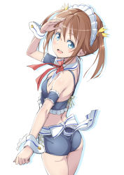 Rule 34 | 10s, 1girl, ass, blue eyes, blush, brown hair, hair ribbon, high school fleet, highres, looking at viewer, maid headdress, michairu, misaki akeno, open mouth, ribbon, short shorts, shorts, simple background, smile, solo, twintails, white background, wrist cuffs