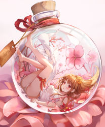 Rule 34 | 1girl, ass, bare arms, bare legs, bare shoulders, barefoot, blush, bottle, bow, breasts, brown hair, commentary request, crown, dress, flower, full body, herbarium, in bottle, in container, leg ribbon, legs up, long hair, looking at viewer, medium breasts, mini crown, mini person, minigirl, munape, original, panties, parted lips, pink flower, red bow, red eyes, red flower, red ribbon, ribbon, solo, strapless, strapless dress, submerged, tilted headwear, underwear, water, white dress, white panties