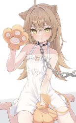 Rule 34 | 1girl, ahoge, animal ears, animal hands, bare shoulders, barefoot, brown hair, chain, choker, collarbone, commentary, crossed bangs, dot nose, dress, frilled dress, frills, gloves, hair between eyes, heart o-ring, highres, indie virtual youtuber, light blush, lion ears, lion girl, lion tail, long hair, looking at viewer, nekomogu (ch0 s2), o-ring, o-ring choker, parted lips, paw gloves, rurudo lion, rurudo lion (1st costume), simple background, sitting, sleeveless, sleeveless dress, solo, sundress, symbol-only commentary, tail, toes, virtual youtuber, wariza, white background, white dress, yellow eyes