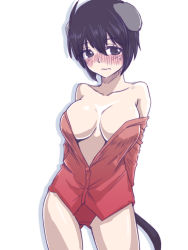 Rule 34 | 1girl, animal ears, arms behind back, black eyes, black hair, blush, breasts, dog ears, dog tail, embarrassed, large breasts, liar lawyer, luciana mazzei, off shoulder, panties, partially undressed, red panties, short hair, solo, strike witches, strike witches: kurenai no majo-tachi, tail, underwear, world witches series