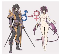 Rule 34 | 1boy, 1girl, arrow (symbol), bar censor, before and after, black hair, black pants, black shirt, blue eyes, boots, bracelet, breasts, censored, clothed male nude female, coat, collar, commission, completely nude, demon girl, demon horns, demon tail, demon wings, elbow gloves, genderswap, genderswap (mtf), gloves, gold bracelet, gold collar, gold trim, hanahiyo (hoimin), highres, holding, holding sword, holding weapon, horns, jewelry, mars symbol, medium breasts, medium hair, monster girl, monsterification, multicolored hair, navel, nude, open clothes, open coat, original, pants, pink hair, purple coat, purple gloves, red eyes, scabbard, sheath, shirt, sidelocks, skeb commission, solo, sword, tail, transformation, two-tone hair, venus symbol, weapon, wings