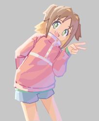 Rule 34 | 1girl, :d, arm behind back, bare legs, blonde hair, blue shorts, brown hair, commentary, fang, green eyes, grey background, gustavo schuler, hair intakes, highres, jacket, leaning to the side, long sleeves, looking at viewer, multicolored hair, oka asahi, onii-chan wa oshimai!, open mouth, parted bangs, pink jacket, short hair, short shorts, shorts, simple background, smile, solo, two-tone hair, two side up, v