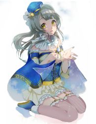 Rule 34 | 10s, 1girl, akamega, blue footwear, cape, constellation, detached collar, detached sleeves, earrings, frills, full body, garter straps, grey hair, hat, highres, jewelry, long hair, looking at viewer, love live!, love live! school idol festival, love live! school idol project, minami kotori, open mouth, print headwear, ring, simple background, sitting, skirt, solo, starry sky print, sun symbol, thighhighs, virgo (constellation), wariza, white background, yellow eyes