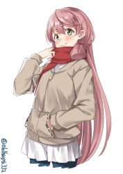 Rule 34 | 1girl, akashi (kancolle), alternate costume, blush, closed mouth, ebifurya, green eyes, grey jacket, hair between eyes, hair ribbon, highres, jacket, kantai collection, long hair, long sleeves, looking at viewer, one-hour drawing challenge, pink hair, red scarf, ribbon, scarf, simple background, solo, twintails, very long hair, white background
