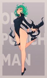 Rule 34 | 1girl, black dress, black footwear, breasts, commentary, copyright name, covered erect nipples, covered navel, curly hair, dress, english commentary, flipped hair, floating, full body, green eyes, green hair, high heels, highres, justrube, levitation, long legs, looking at viewer, no panties, one-punch man, pelvic curtain, popped collar, pumps, short hair, small breasts, solo, tatsumaki, thighs