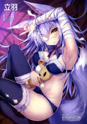 Rule 34 | 1girl, absurdres, animal ear fluff, animal ears, arm up, armpits, bandaged arm, bandages, bare shoulders, black bra, black panties, black thighhighs, bow, bowtie, bra, breasts, chain, chestnut mouth, cleavage, covered erect nipples, cross, eyepatch, fox ears, fox girl, fox tail, frilled bra, frilled panties, frills, hair spread out, highres, hugging doll, hugging object, latin cross, lingerie, long hair, looking at viewer, lying, medium breasts, nail polish, no shoes, original, panties, parted lips, purple hair, purple nails, scan, solo, stomach, stuffed animal, stuffed toy, tail, tateha (marvelous grace), teddy bear, thighhighs, thighs, underwear, underwear only, window shadow, yellow eyes