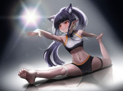 Rule 34 | 1girl, armpits, barefoot, beruko14, brown kemomimi-chan (krr), dark skin, earrings, extra ears, fang, fang out, flexible, highres, jewelry, light, navel, original, pointy ears, red eyes, shorts, soles, solo, split, sportswear, stretching, sweat, tan, thigh strap, toes