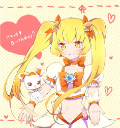 Rule 34 | 10s, 1girl, bad id, bad pixiv id, birthday, blonde hair, bow, brooch, choker, cure sunshine, english text, hair ornament, hair ribbon, happy, happy birthday, heart, heart brooch, heartcatch precure!, lacolon, long hair, looking at viewer, magical girl, midriff, myoudouin itsuki, navel, orange bow, potpourri (heartcatch precure!), precure, puffy sleeves, ribbon, shirt, skirt, smile, solo, twintails, wrist cuffs, yellow eyes