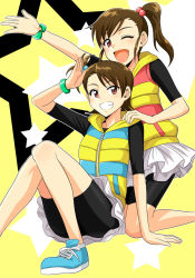 Rule 34 | 2girls, arm support, bangle, bike shorts, bracelet, brown hair, futami ami, futami mami, grin, hair bobbles, hair ornament, hood, hoodie, idolmaster, idolmaster (classic), jewelry, multiple girls, one eye closed, open mouth, purple eyes, short ponytail, shorts, shorts under skirt, siblings, side ponytail, sisters, smile, star (symbol), starry background, tsurui, twins, wink