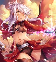 Rule 34 | 1girl, breasts, brown eyes, cape, chloe von einzbern, dark-skinned female, dark skin, fate/kaleid liner prisma illya, fate (series), holding, holding weapon, ks (xephyrks), long hair, long sleeves, navel, open mouth, small breasts, smile, solo, tattoo, unlimited blade works (fate), weapon, white hair