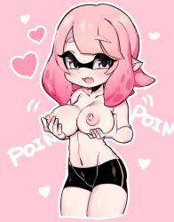 Rule 34 | 1girl, breast hold, breasts, breasts out, highres, inkling, inkling girl, inkling player character, large breasts, long hair, nintendo, nipples, nitronic, pants, pink eyes, pink hair, solo, splatoon (series), tentacle hair, tight clothes, tight pants
