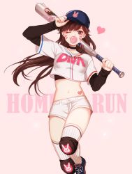 Rule 34 | 1girl, animal print, bad id, bad twitter id, baseball bat, baseball cap, baseball uniform, black neckwear, black shirt, blowing bubbles, blue footwear, blue hat, blush, breasts, brown eyes, brown hair, character name, chewing gum, choker, clothes writing, cowboy shot, crop top, d.va (overwatch), emblem, eyelashes, facepaint, facial mark, fingernails, hand on headwear, hat, heart, holding, homerun, knee pads, leg up, logo, long hair, looking at viewer, matching hair/eyes, medium breasts, midriff, navel, one eye closed, over shoulder, overwatch, overwatch 1, perio 67, pink background, rabbit print, shirt, shoes, short shorts, short sleeves, shorts, simple background, sneakers, solo, spoken heart, sportswear, standing, standing on one leg, striped clothes, striped thighhighs, thighhighs, undershirt, vertical-striped clothes, vertical-striped thighhighs, whisker markings, white shorts, white thighhighs