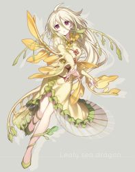Rule 34 | 1girl, ahoge, blonde hair, commentary request, cross-laced footwear, dress, drop shadow, english text, flower knot, frilled dress, frills, full body, green footwear, grey background, hair between eyes, hijiri (resetter), juliet sleeves, leafy seadragon, long hair, long sleeves, original, outstretched hand, parted lips, personification, puffy sleeves, purple eyes, red eyes, solo, standing, standing on one leg, yellow dress