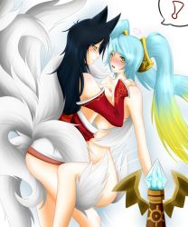 Rule 34 | !, 2girls, ahri (league of legends), animal ears, bare shoulders, black hair, blush, bottomless, breasts, clothed female nude female, clothes pull, detached sleeves, dress pull, fox ears, fox tail, gradient hair, hair ornament, league of legends, long hair, multicolored hair, multiple girls, multiple tails, nipples, no bra, nude, open mouth, restrained, simple background, smile, sona (league of legends), spoken exclamation mark, tail, topless, twintails, very long hair, ward (league of legends), whiskers, yellow eyes, you gonna get raped, yuri