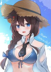 Rule 34 | 1girl, 9610 (kuroto), artist name, bikini, black hair, black necktie, blue bikini, blue eyes, blue sky, braid, breasts, brown hat, cloud, collared shirt, dated, dress shirt, front-tie bikini top, front-tie top, hair flaps, hair over shoulder, hat, highres, kantai collection, long hair, looking at viewer, medium breasts, necktie, official alternate costume, shigure (kancolle), shigure kai san (kancolle), shirt, single braid, sky, solo, straw hat, swimsuit, white shirt